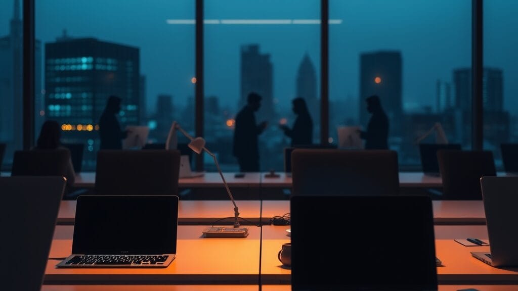 Bureau français au crépuscule avec silhouettes humaines se dissolvant en pixels représentant l'IA et l'emploi