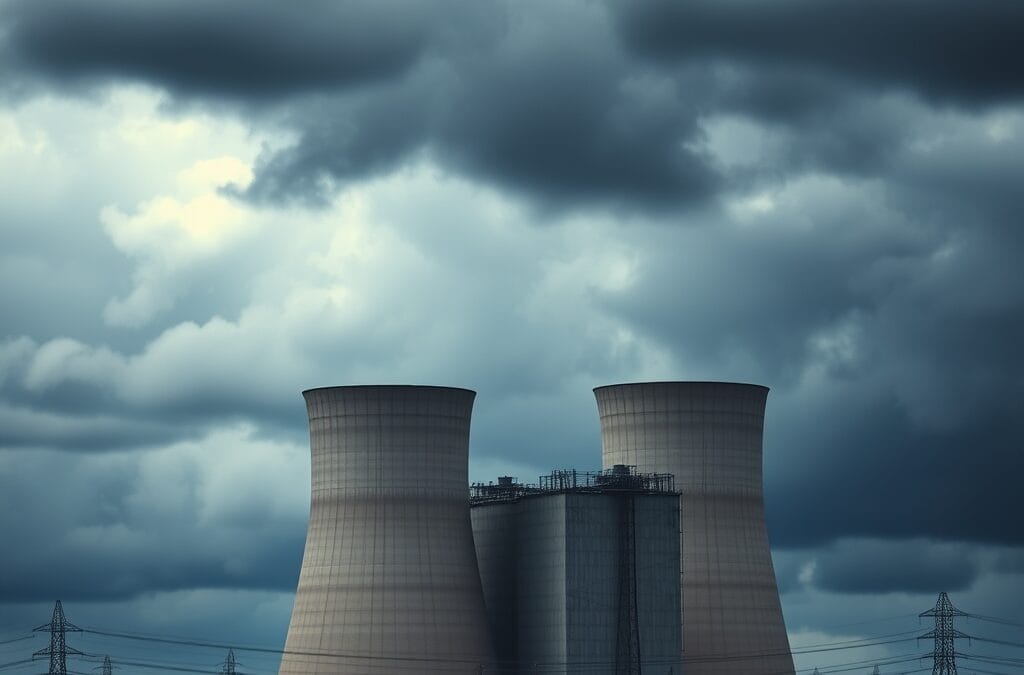 Tours de refroidissement d'une centrale électrique contre un ciel orageux dramatique