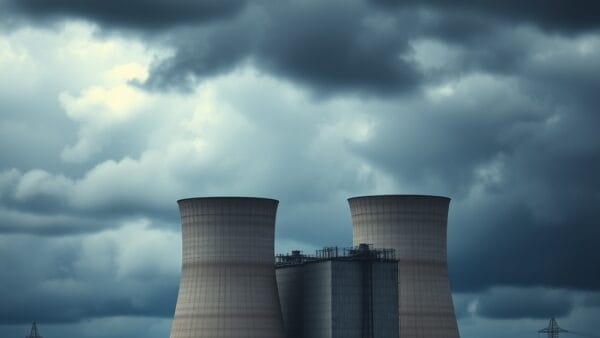 Tours de refroidissement d'une centrale électrique contre un ciel orageux dramatique