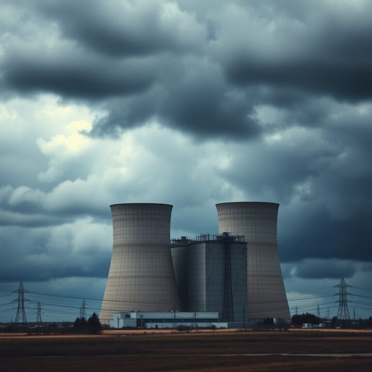 Tours de refroidissement d'une centrale électrique contre un ciel orageux dramatique