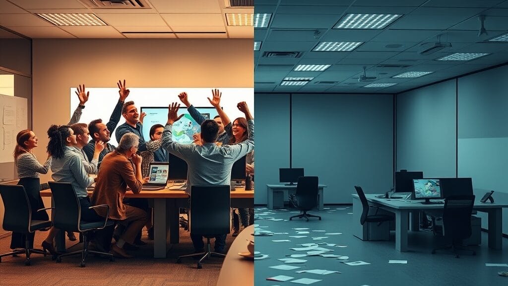 Photo éditoriale illustrant le contraste entre succès IA et échec IA en entreprise