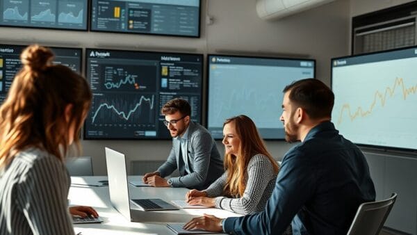 Équipe marketing dans un open space lumineux travaillant devant des dashboards muraux