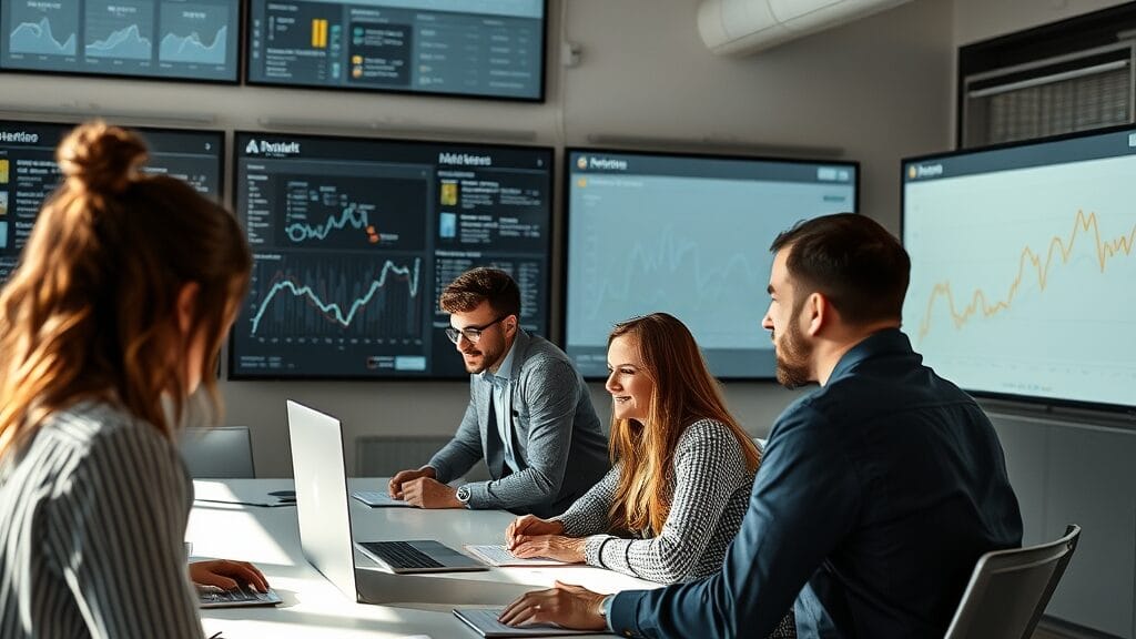 Équipe marketing dans un open space lumineux travaillant devant des dashboards muraux