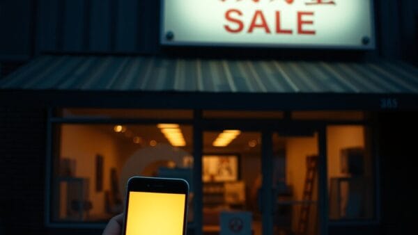 Vitrine commerciale vide au crépuscule contrastant avec lumière chaude d'un smartphone