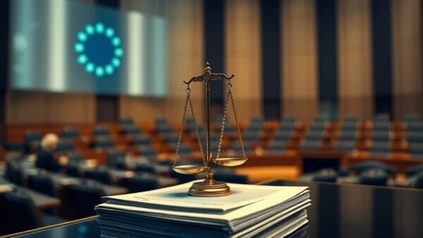 Balance lumineuse au-dessus de CV symbolisant l'AI Act et le recrutement IA