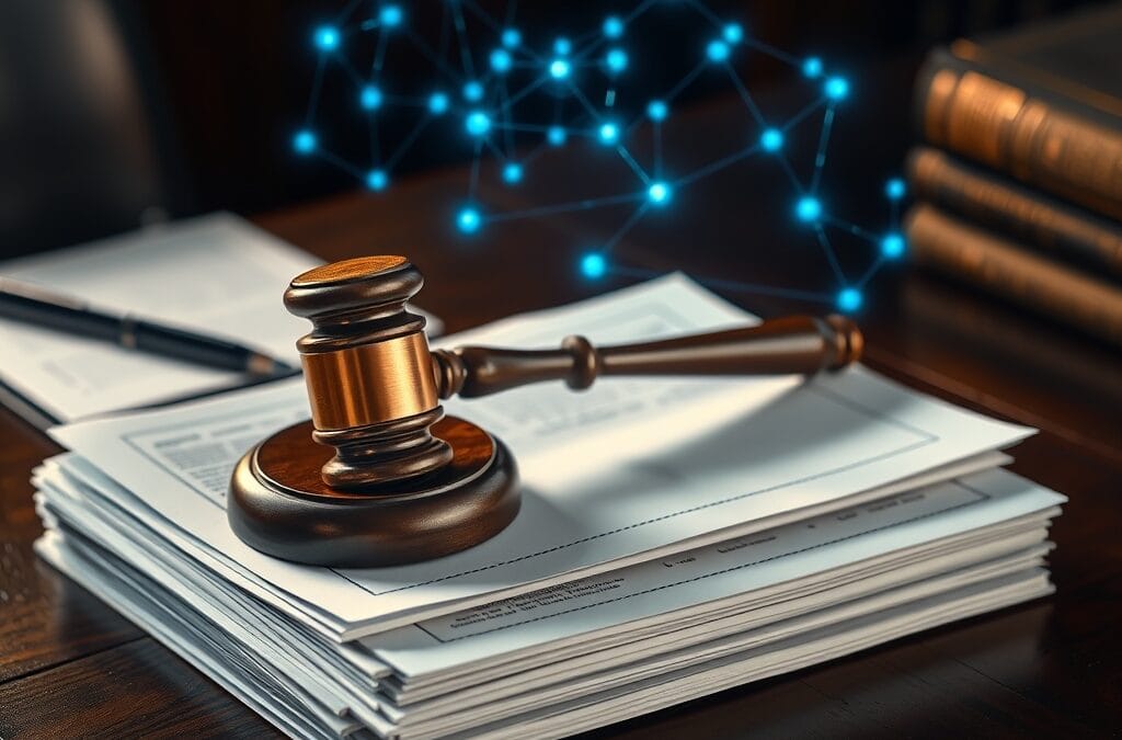 Marteau de justice sur des documents officiels avec projection holographique