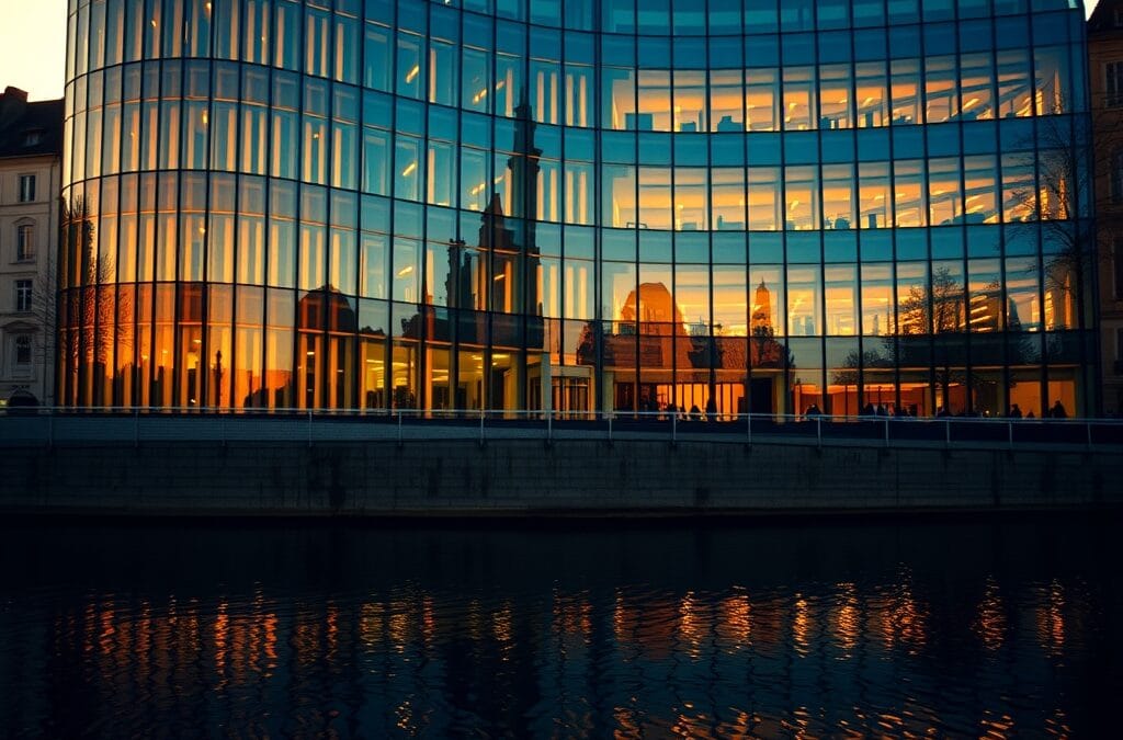 Parlement européen de Strasbourg avec sa façade en verre courbée reflétée dans la rivière au coucher du soleil