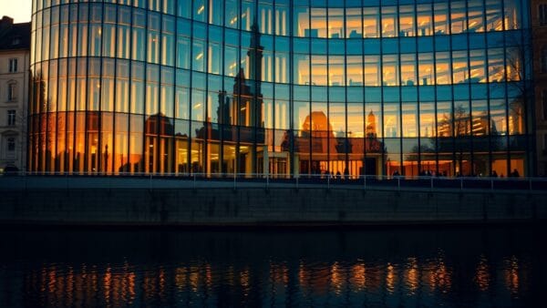 Parlement européen de Strasbourg avec sa façade en verre courbée reflétée dans la rivière au coucher du soleil