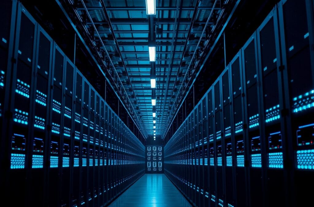 Intérieur d'un entrepôt de serveurs avec des rangées de racks éclairés par des LED bleues