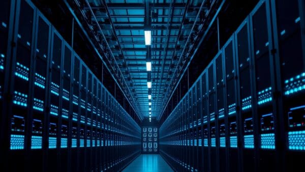 Intérieur d'un entrepôt de serveurs avec des rangées de racks éclairés par des LED bleues