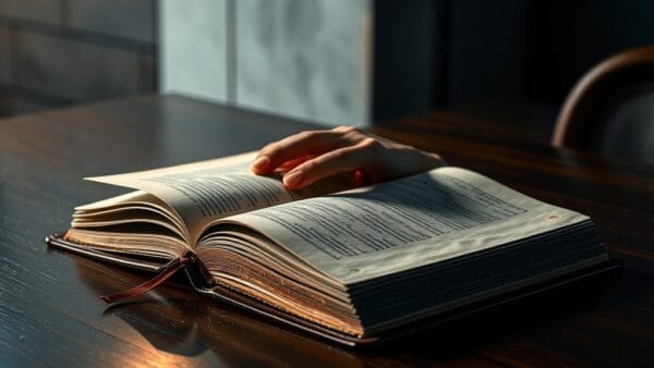 Main hésitante au-dessus d'un livre relié ouvert sur un bureau sombre, lumière feutrée et atmosphère studieuse.