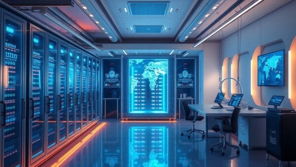 Laboratoire de recherche AMI Labs avec serveurs bleus et hologrammes de world models