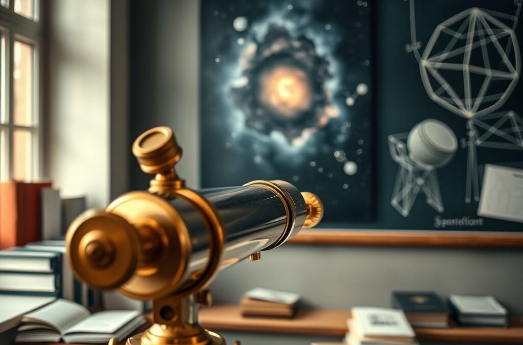 Télescope en laiton dans un laboratoire avec livres de physique