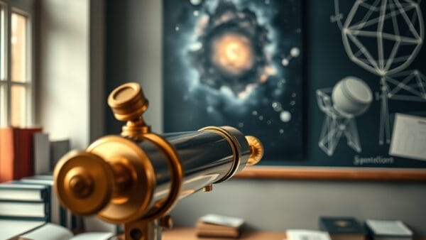Télescope en laiton dans un laboratoire avec livres de physique