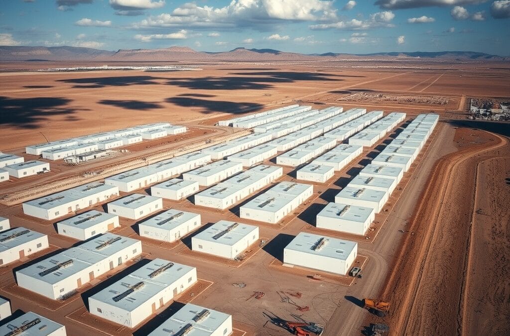 Vue aérienne d'un complexe industriel de data centers en construction