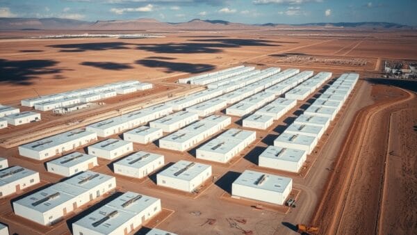 Vue aérienne d'un complexe industriel de data centers en construction