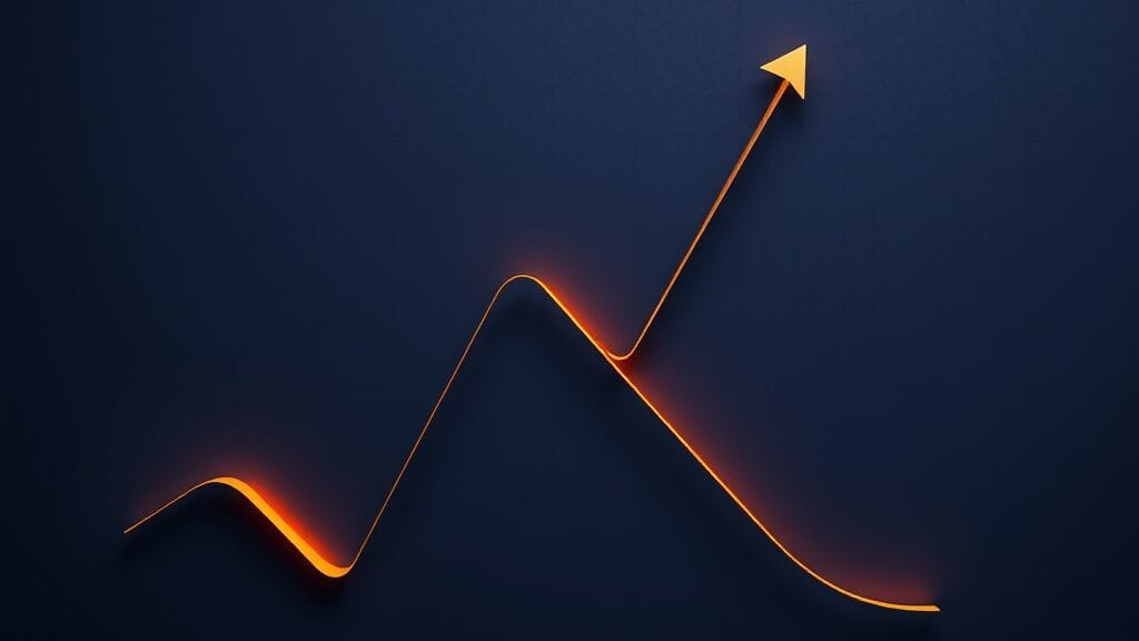 Illustration abstraite deux trajectoires ascendantes divergentes sur fond bleu nuit, accents ambre, esthétique éditoriale