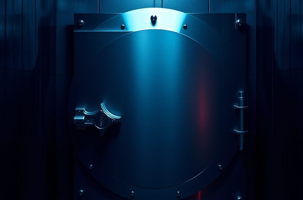 Porte de coffre-fort entrouverte symbolisant le déploiement restreint du modèle Mythos d'Anthropic