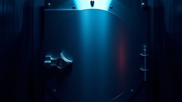 Porte de coffre-fort entrouverte symbolisant le déploiement restreint du modèle Mythos d'Anthropic