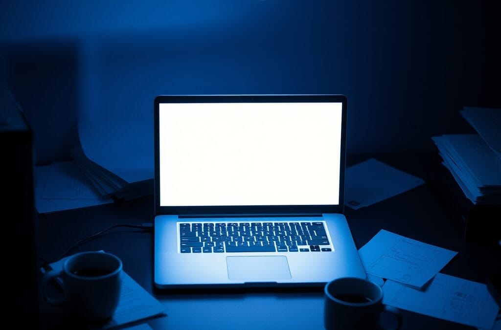 Ordinateur portable sur un bureau sombre avec des documents éparpillés vu de dessus