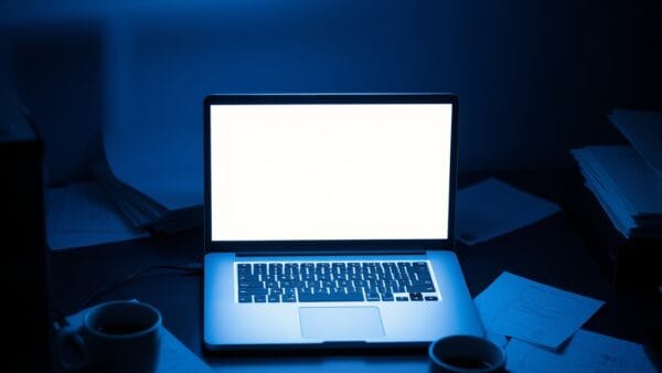 Ordinateur portable sur un bureau sombre avec des documents éparpillés vu de dessus