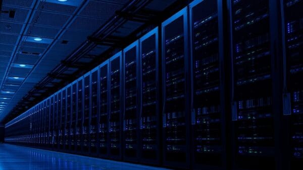 Salle de data center moderne avec rangées de baies serveurs et éclairage bleu