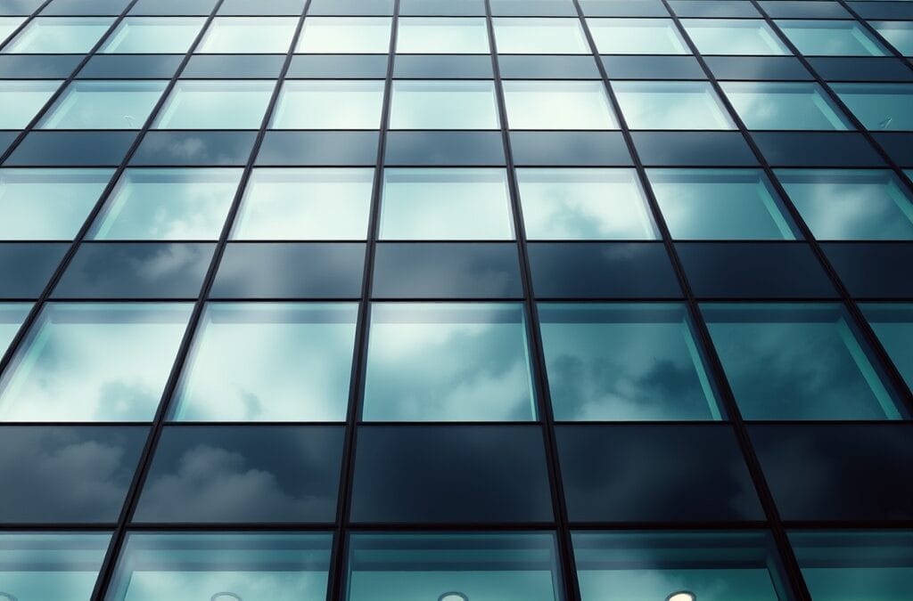 Immeuble de bureaux moderne en verre reflétant les nuages vu en contre-plongée