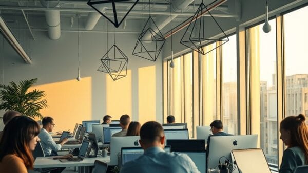 Bureau d'entreprise tech en open space avec employés et lumière naturelle