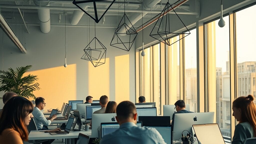 Bureau d'entreprise tech en open space avec employés et lumière naturelle