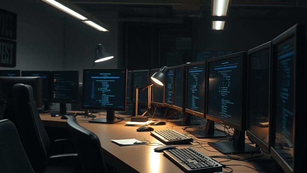 Atelier de cybersecurite avec ecrans evoquant un audit de vulnerabilites