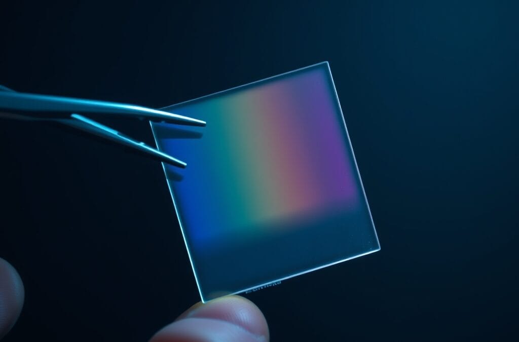 Wafer de silicium tenu avec pince, reflets irisés sur fond sombre