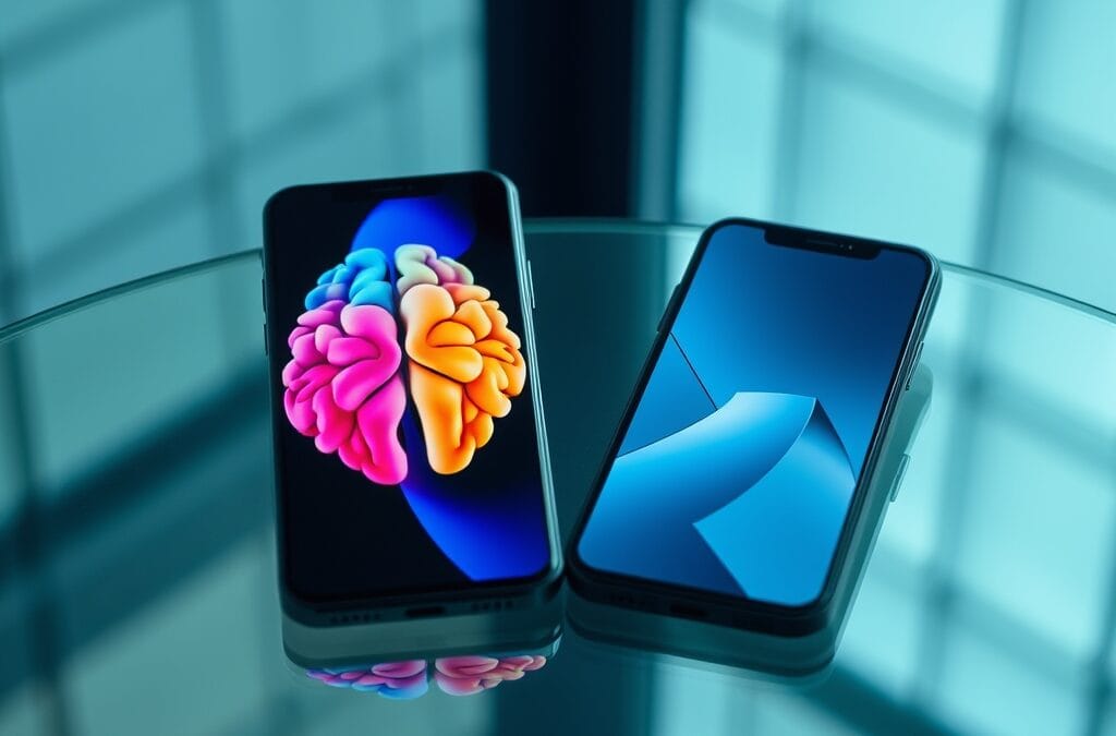 Deux smartphones côte à côte sur table en verre réfléchissant