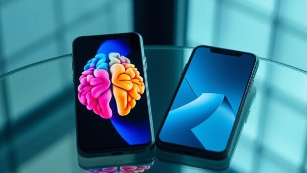 Deux smartphones côte à côte sur table en verre réfléchissant