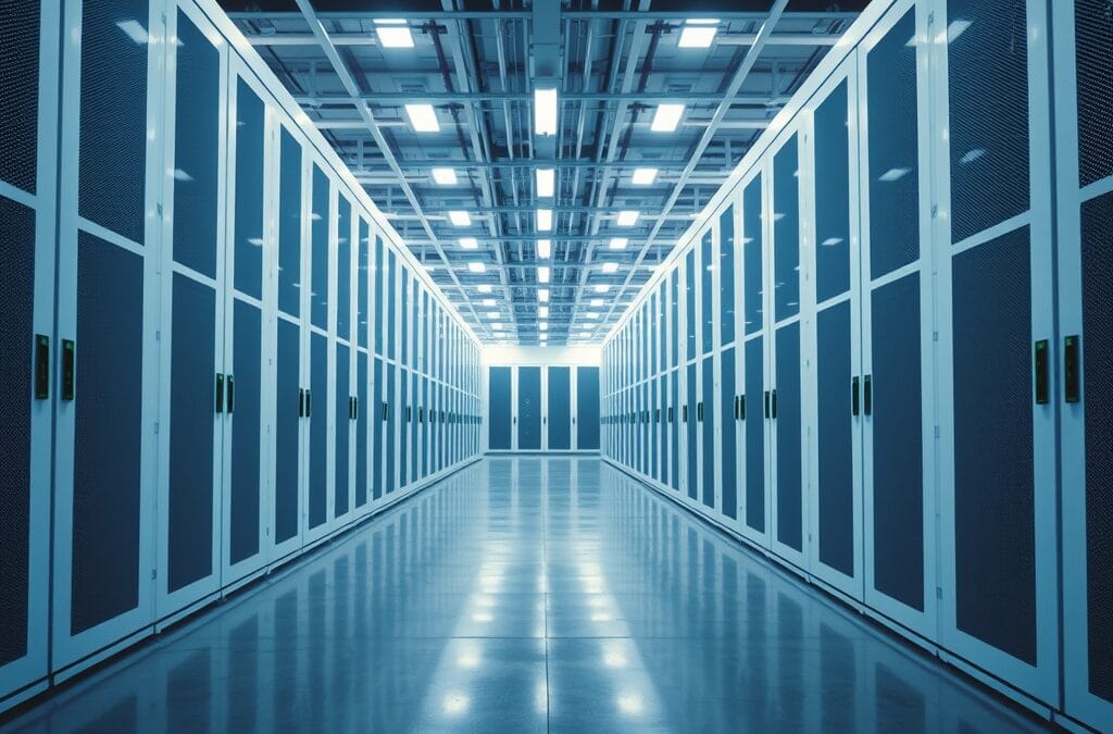 Intérieur d'un data center moderne avec des armoires serveur blanches alignées sous un éclairage vif