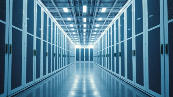 Intérieur d'un data center moderne avec des armoires serveur blanches alignées sous un éclairage vif