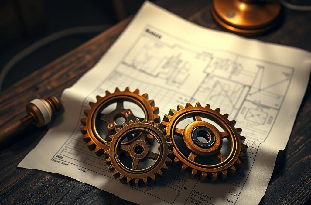 Trois rouages en laiton sur un plan ouvert, métaphore du guide d'installation du modèle Trinity