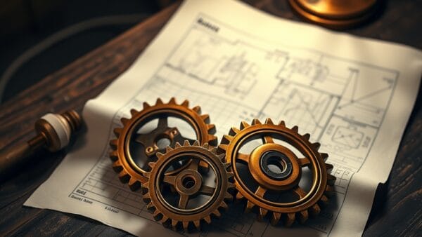 Trois rouages en laiton sur un plan ouvert, métaphore du guide d'installation du modèle Trinity