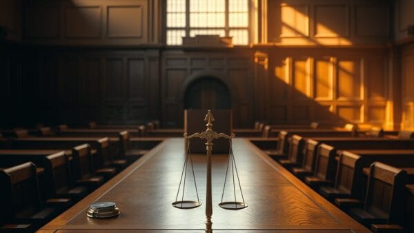 Tribunal vide en fin d'après-midi avec dossier juridique et balance