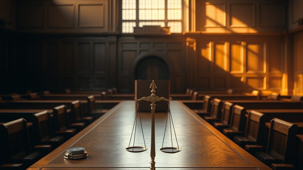 Tribunal vide en fin d'après-midi avec dossier juridique et balance