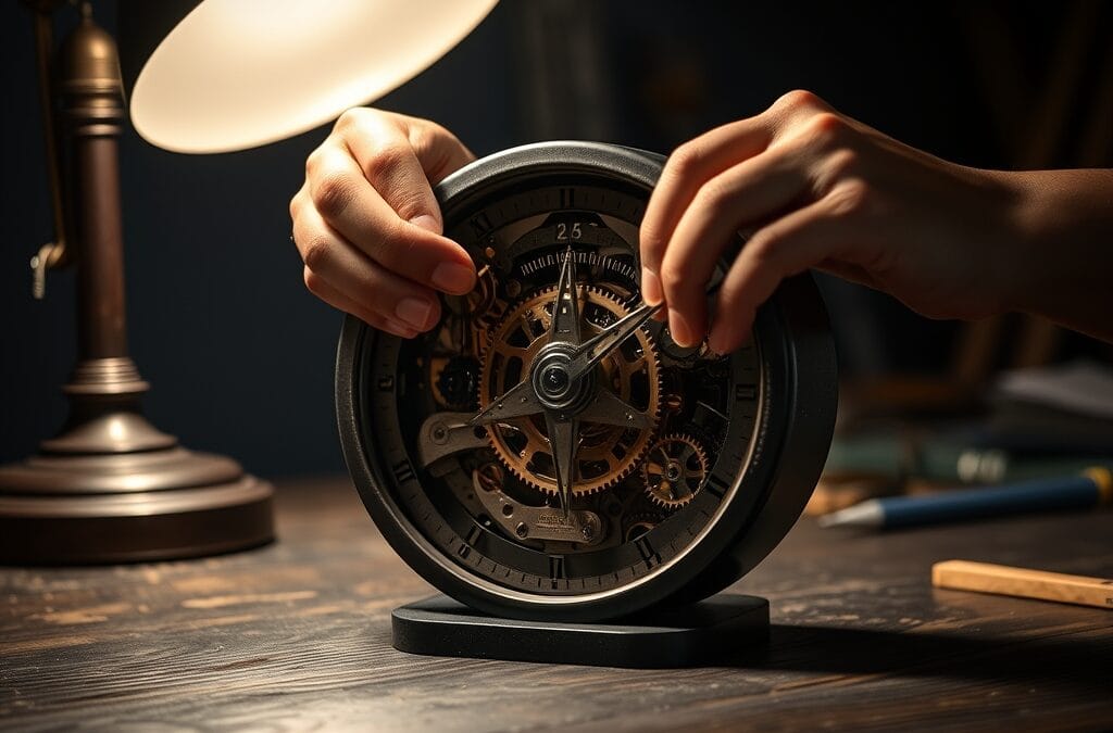 Mains ajustant des engrenages dans un mécanisme d horlogerie