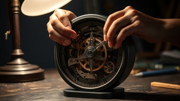 Mains ajustant des engrenages dans un mécanisme d horlogerie