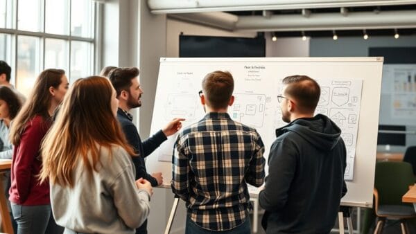 Open space de startup tech avec ingénieurs en discussion autour d'un tableau blanc
