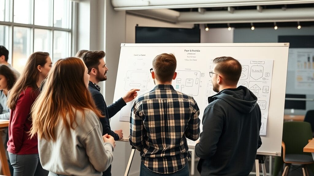 Open space de startup tech avec ingénieurs en discussion autour d'un tableau blanc
