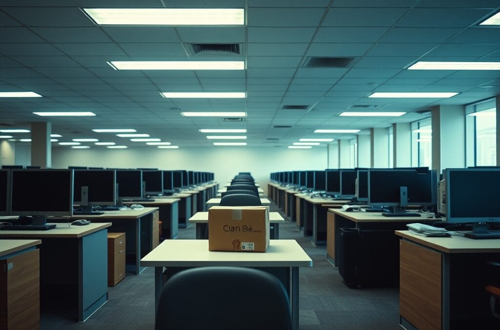 Bureau d'entreprise vide avec rangées de postes de travail abandonnés