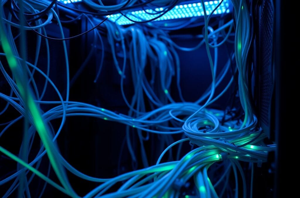 Câbles fibre optique dans salle serveur avec lumière bleue et verte