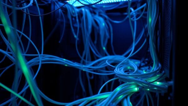 Câbles fibre optique dans salle serveur avec lumière bleue et verte