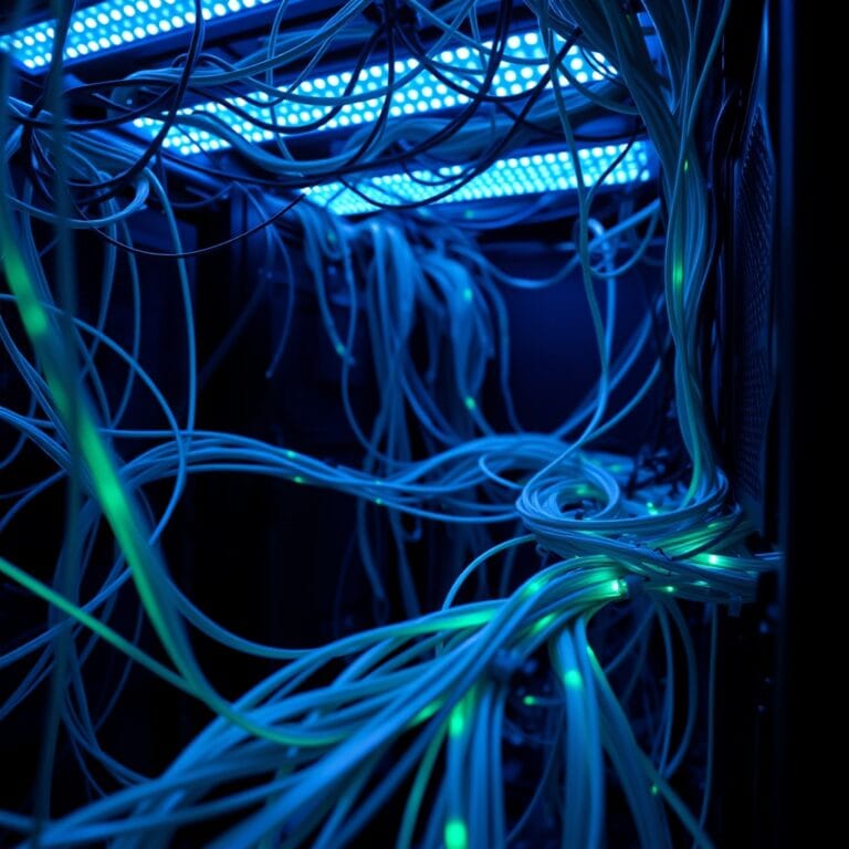 Les bots IA dépassent officiellement le trafic humain sur Internet 9 Câbles fibre optique dans salle serveur avec lumière bleue et verte