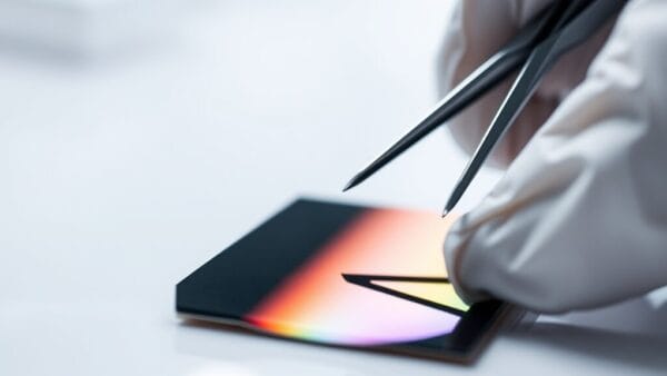 Wafer de silicium aux reflets irisés manipulé en laboratoire de conception