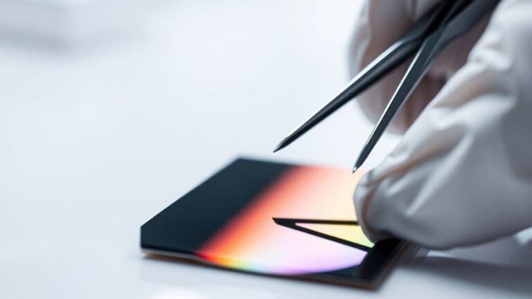 Wafer de silicium aux reflets irisés manipulé en laboratoire de conception