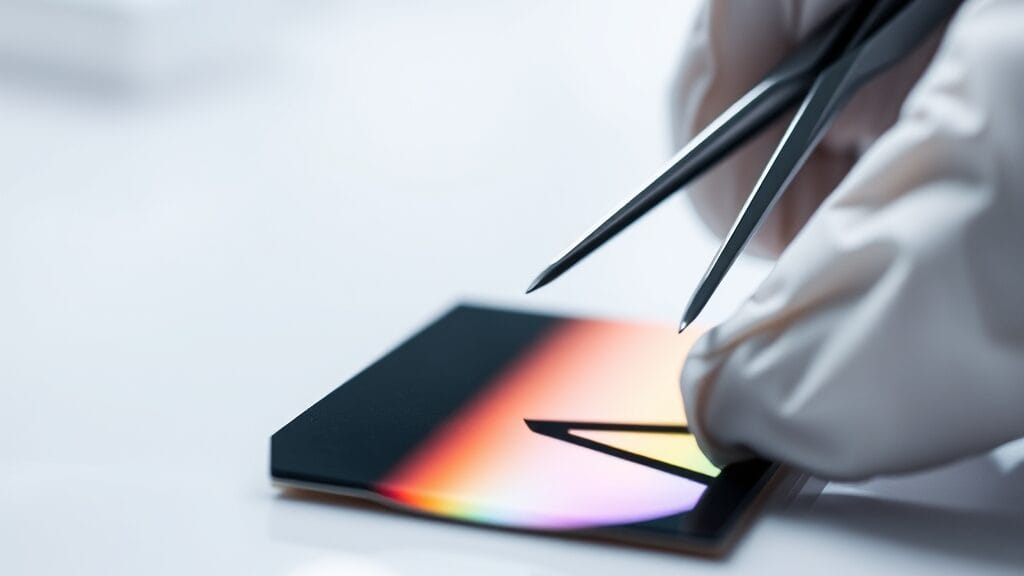 Wafer de silicium aux reflets irisés manipulé en laboratoire de conception